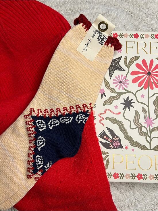 Free People Accessories - Merry Free People Bundle in Red Beanie Hat, Neckerchief Scarf & Socks Gift Box
